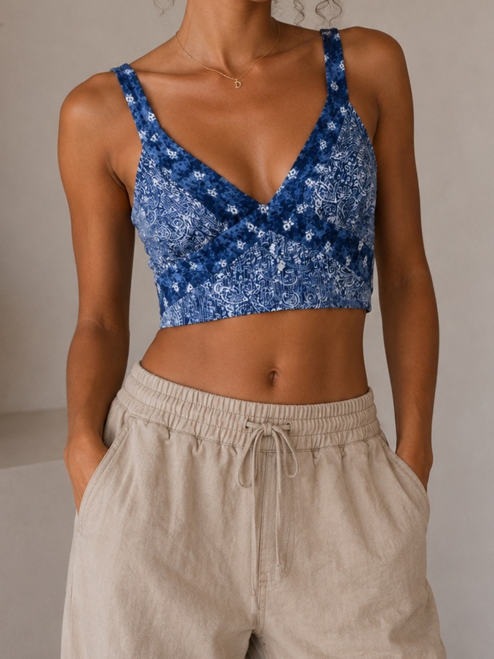 Ecote Blue Patterned Cropped Tank Top